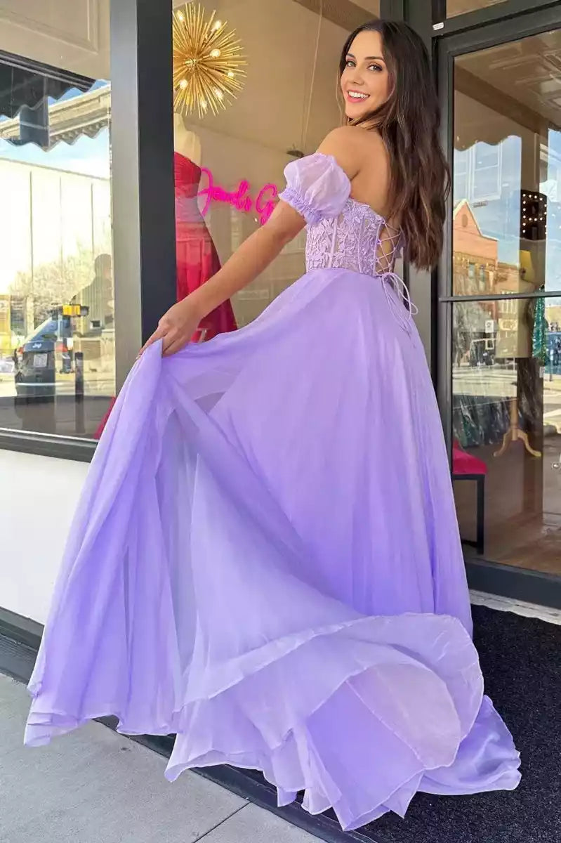 Charming A-line bubble sleeves, chiffon heart-shaped neckline, tight corset, lace applique, back tie, Prom Dresses